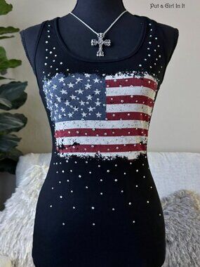 New Vocal Apparel Women's Crystal Black American Flag Tank Top Shirt S M L XL